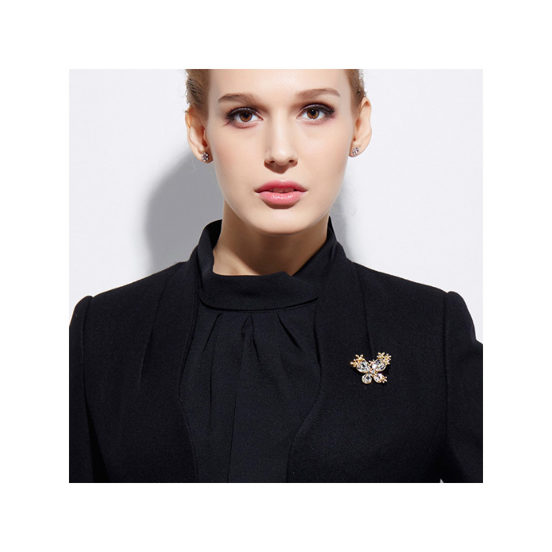 Pendentif-Broche Papillon orné de cristaux de Swarovski Blanc et Plaqué or jaune - vue V3