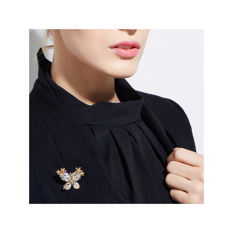 Pendentif-Broche Papillon orné de cristaux de Swarovski Blanc et Plaqué or jaune - vue V4