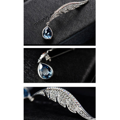 Broche Plume de Paon en Cristal Swarovski Elements Bleu - vue V2