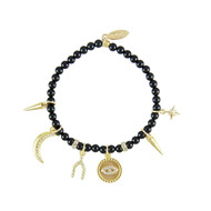 Ettika - Bracelet Stretch en Perles Onyx, Cristal et Charm's Plaqué Or