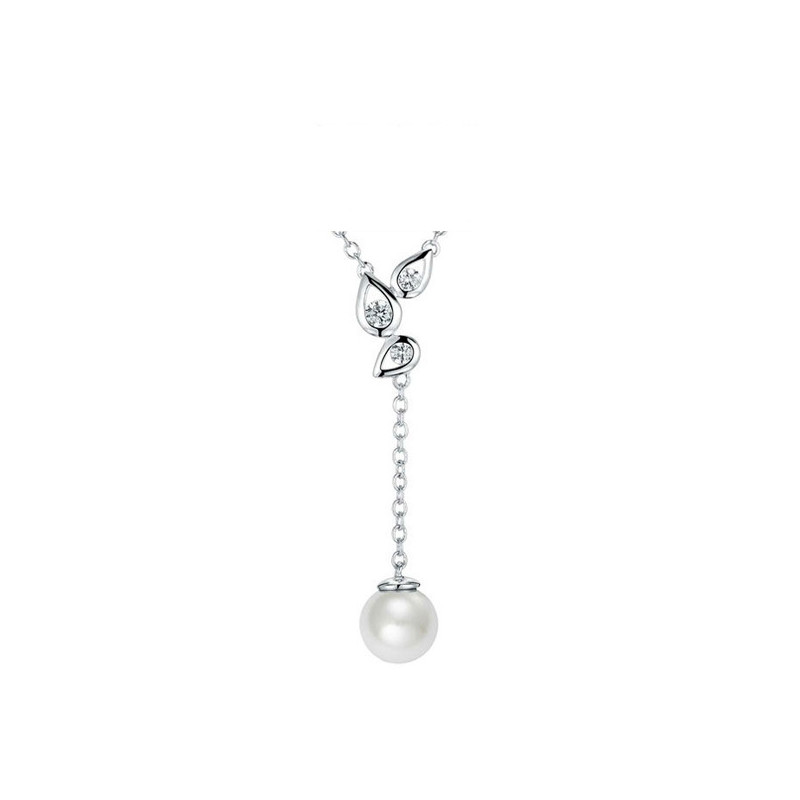 Collier Feuilles Perle, orné de cristaux de Swarovski Blanc et Plaqué Rhodium
