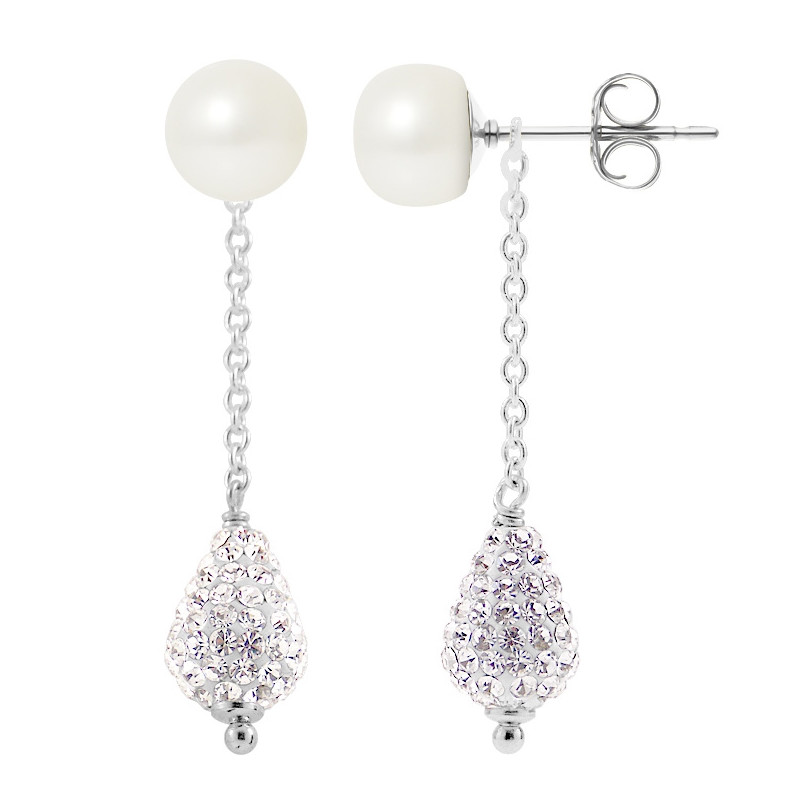 Boucles d'Oreilles en Argent 925 Perles de culture blanches et Cristal Blanc