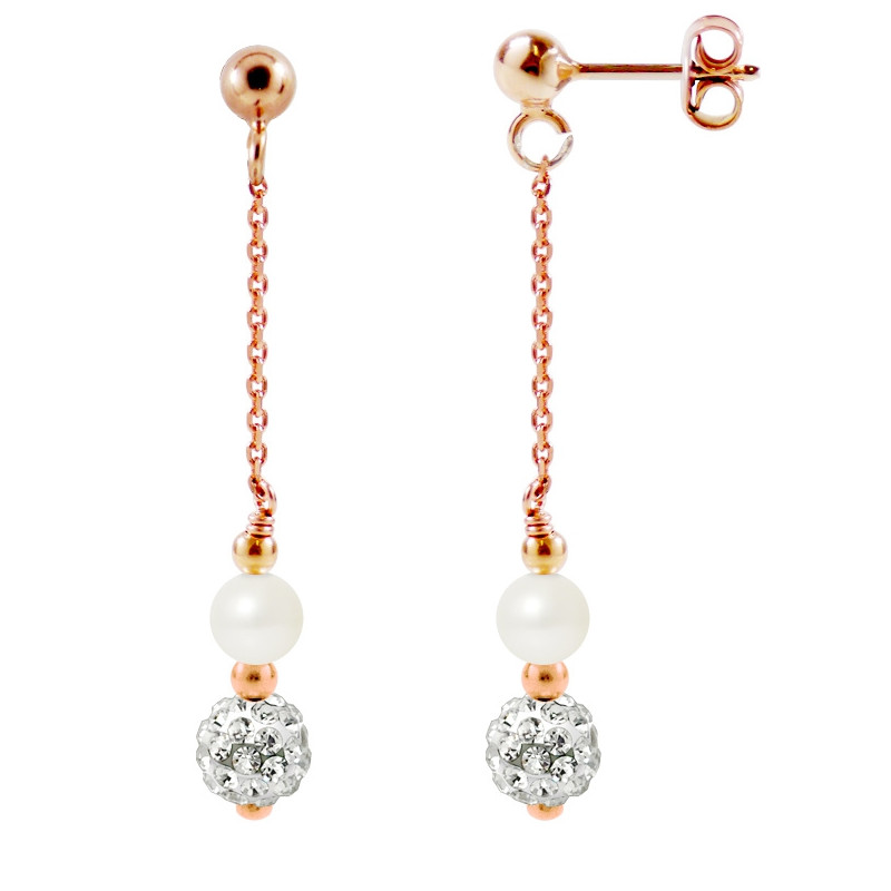 Boucles d'Oreilles Pendantes en Plaqué or Rose Perles de culture blanches et Cristal Blanc