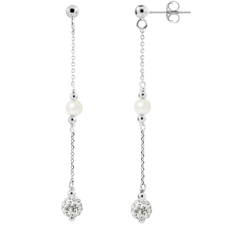Boucles d'Oreilles en Argent Perles de culture blanches et Cristal Blanc