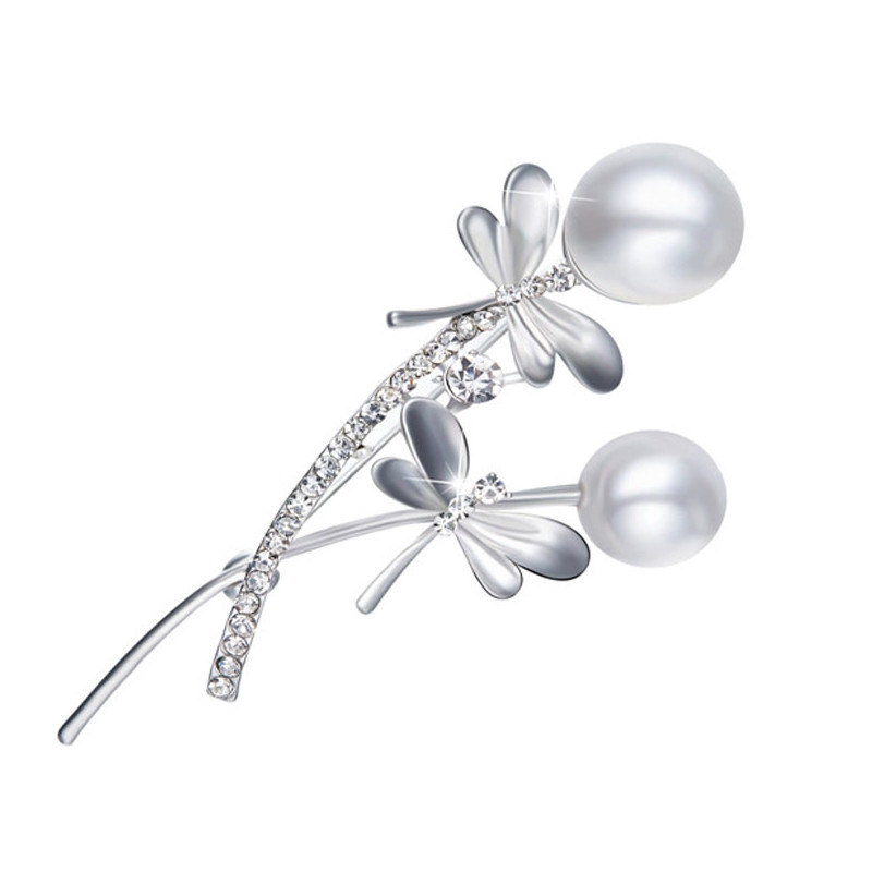 Broche Femme Libellule Perle et Cristal de Swarovski Element Blanc Plaqué Rhodium - vue V1