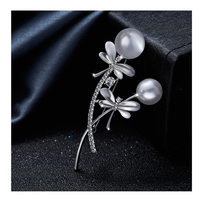 Broche Femme Libellule Perle et Cristal de Swarovski Element Blanc Plaqué Rhodium - vue V2