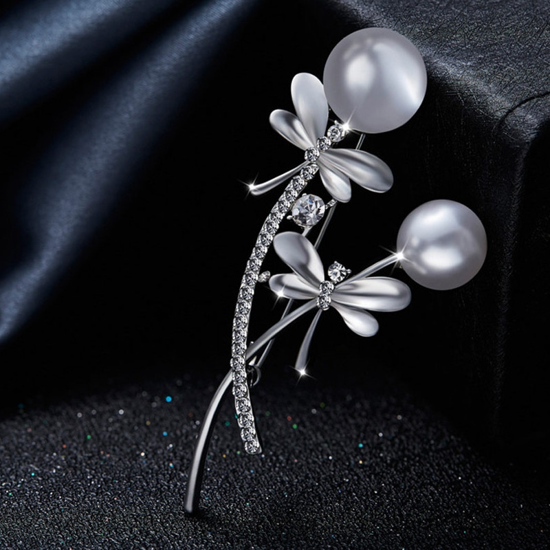 Broche Femme Libellule Perle et Cristal de Swarovski Element Blanc Plaqué Rhodium - vue V2