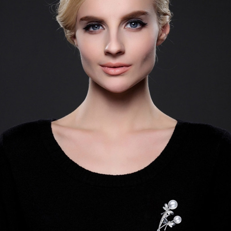 Broche Femme Libellule Perle et Cristal de Swarovski Element Blanc Plaqué Rhodium - vue V3