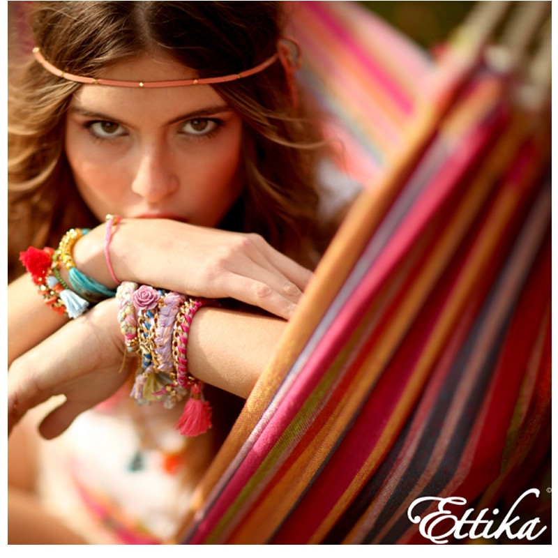 Ettika - Bracelet Hamsa en Or Jaune et Coton Rubans Tressés Roses - vue 2