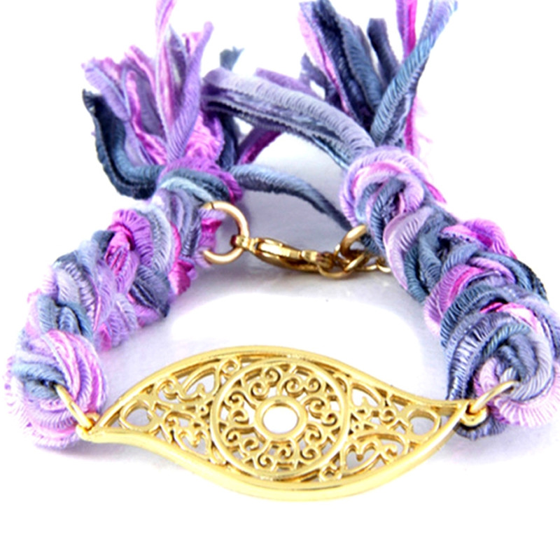 Ettika - Bracelet Oeil en Or Jaune et Coton Rubans Tressés Violets