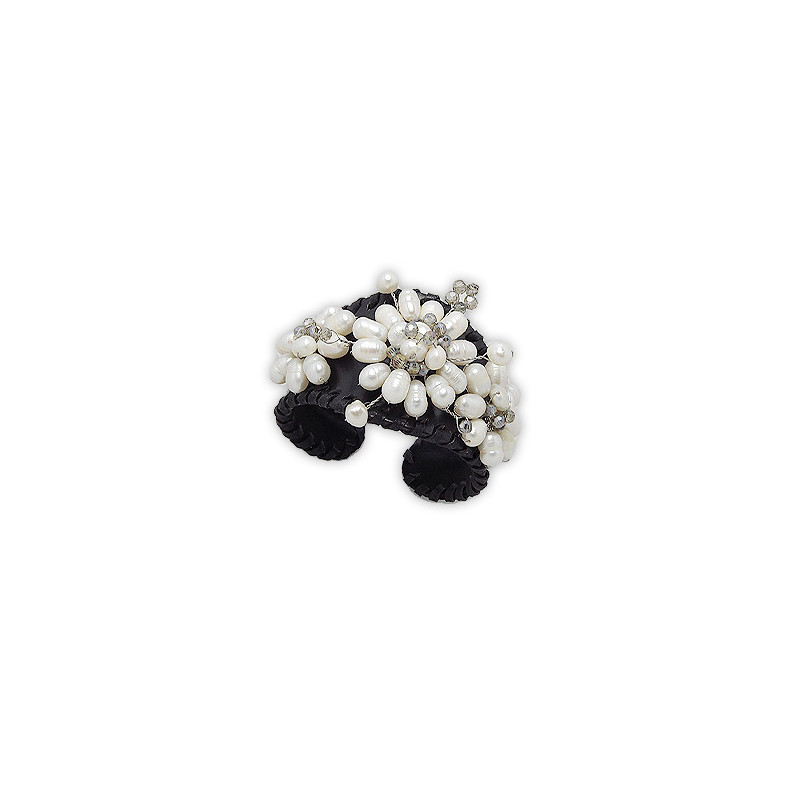 Bracelet Manchette Noir et Fleurs en Perles Blanches