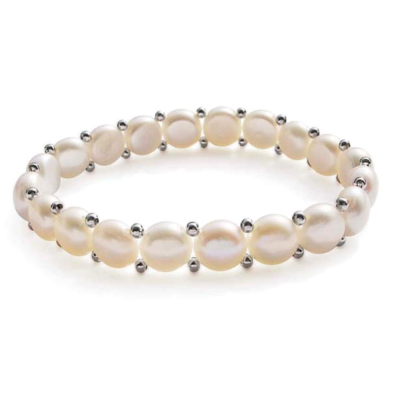 Bracelet Femme Stretch en Perles de culture d'eau douce blanches, forme Bouton