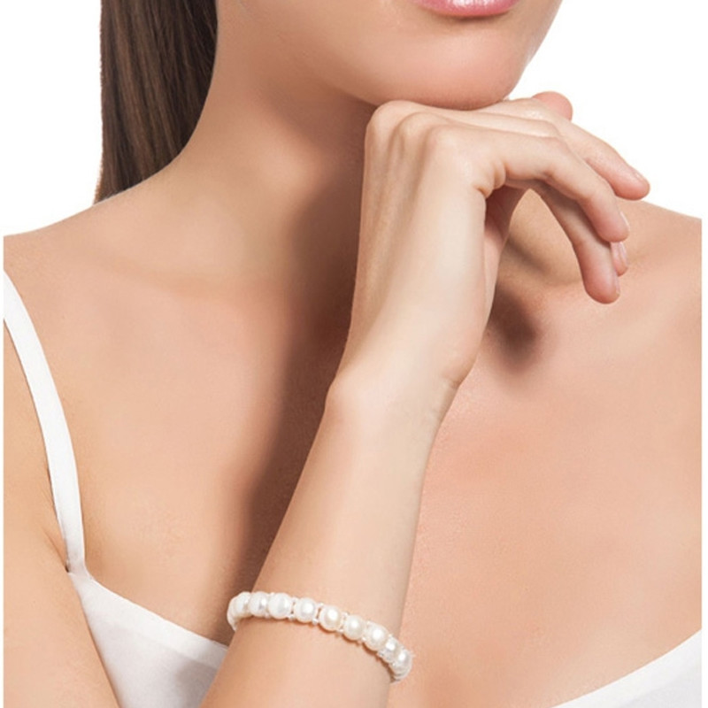 Bracelet Femme Stretch en Perles de culture d'eau douce blanches, forme Bouton - vue 3
