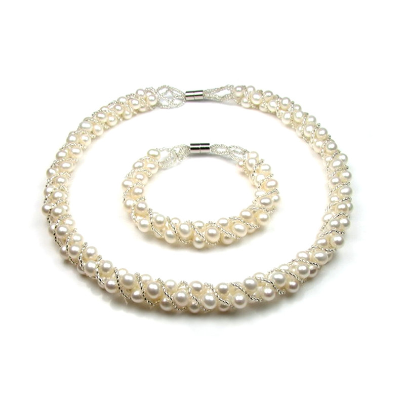 Parure Femme Collier et Bracelet en Perles de culture d'eau douce Blanches Torsadées