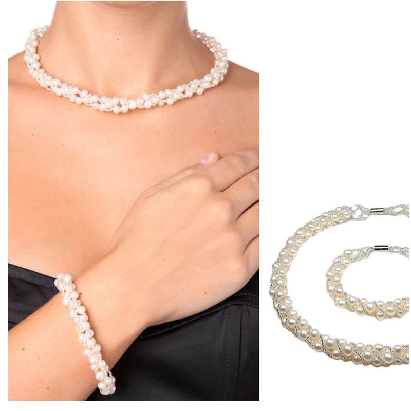 Parure Femme Collier et Bracelet en Perles de culture d'eau douce Blanches Torsadées - vue 2