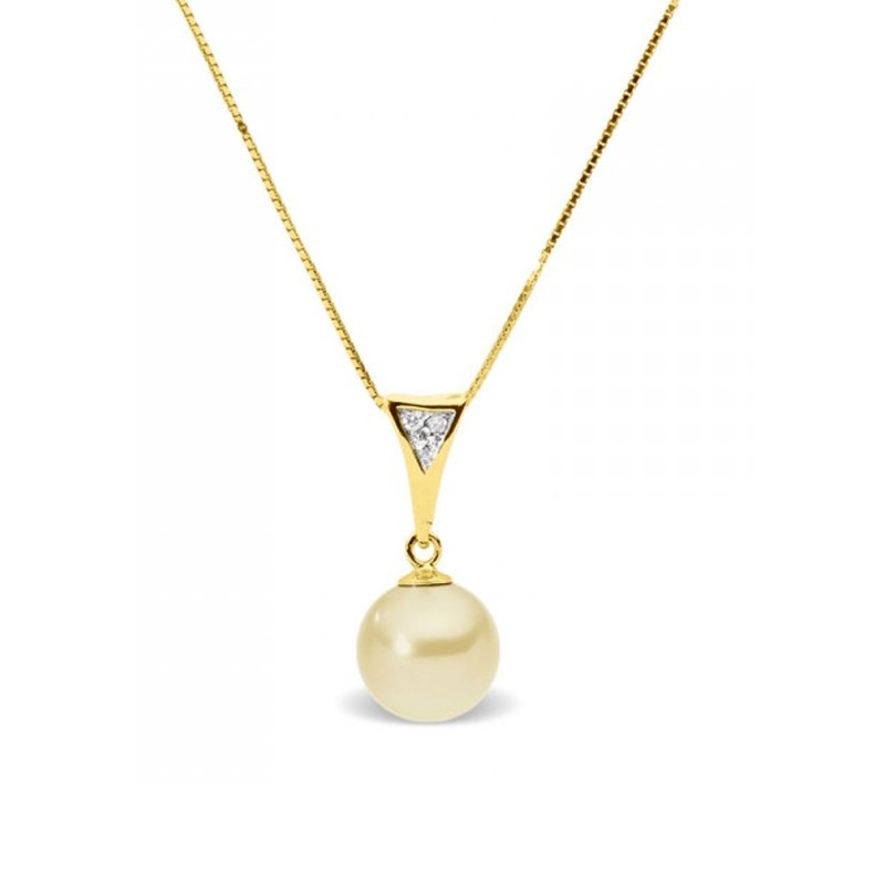 Collier Pendentif Perle de Culture d'eau douce Dorée, Diamants et Or Jaune 375/1000