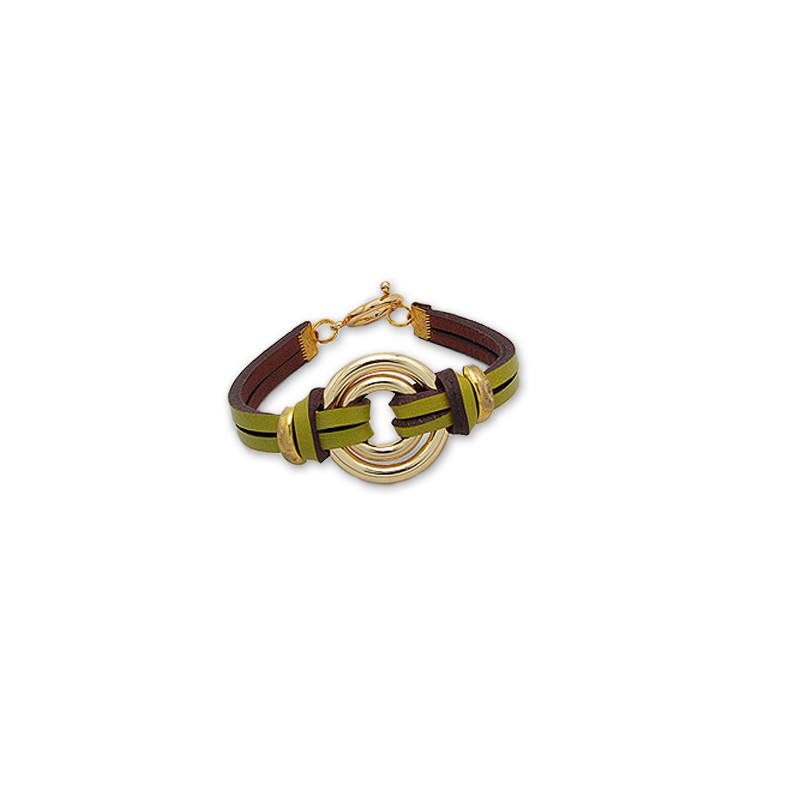 Bracelet Double Cercles en Acier Or et Cuir Vert