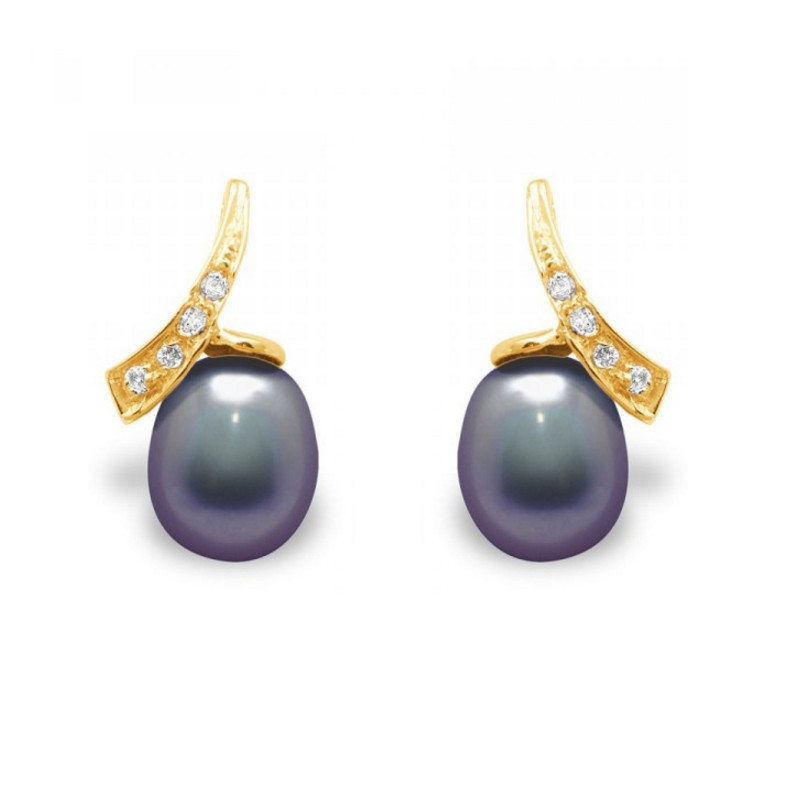 Boucles d'Oreilles Perles de Culture Noires, Diamants et Or Jaune 750/1000