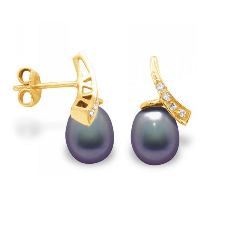 Boucles d'Oreilles Perles de Culture Noires, Diamants et Or Jaune 750/1000 - vue 2