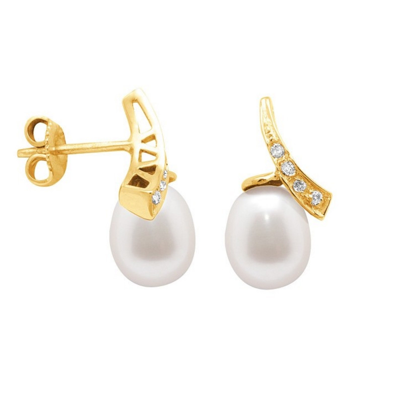 Boucles d'Oreilles Perles de Culture Blanches, Diamants et Or Jaune 750/1000 - vue 2