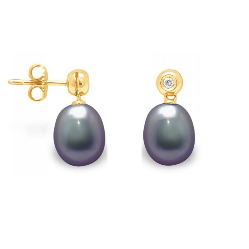 Boucles d'Oreilles Perles de Culture Noires, Diamants et Or Jaune 750/1000 - vue 2