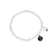 Bracelet Femme en argent massif 925/1000, Perle de Tahiti Cerclée Noire de 9 mm et Pendentif C?ur