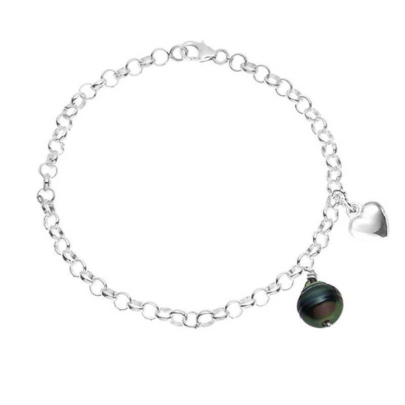 Bracelet Femme en argent massif 925/1000, Perle de Tahiti Cerclée Noire de 9 mm et Pendentif C?ur