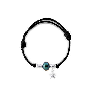 Bracelet Ajustable Femme Perle de Tahiti, Etoile en Argent Massif 925/1000 et Coton Ciré Noir