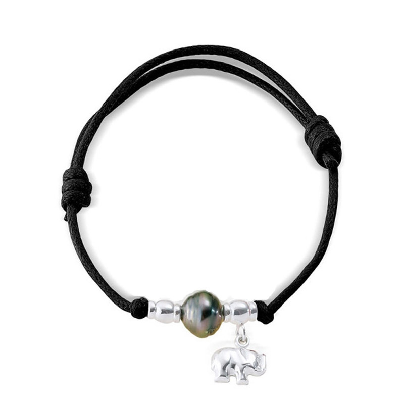 Bracelet Ajustable Femme Perle de Tahiti, Eléphant en Argent Massif 925 et Coton Ciré Noir