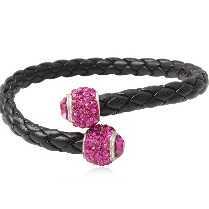 Bracelet Bangle en Cuir Noir, Perle en Cristal Rose et Argent 925