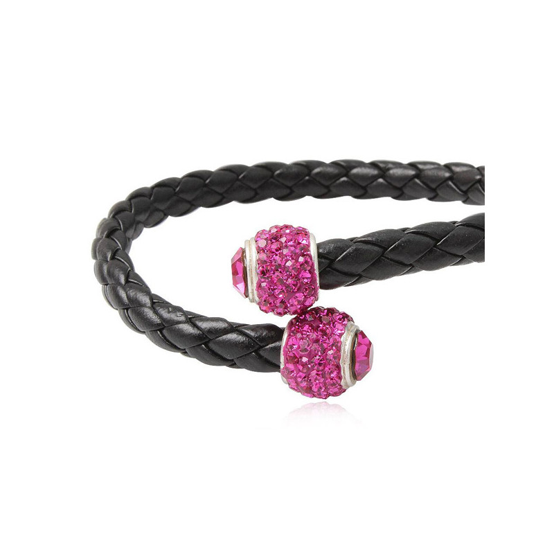 Bracelet Bangle en Cuir Noir, Perle en Cristal Rose et Argent 925 - vue 2