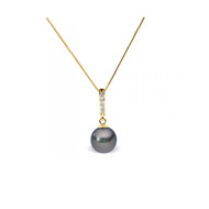 Collier Pendentif Perle de Culture d'eau douce Noire, Diamants et Or Jaune 375/1000