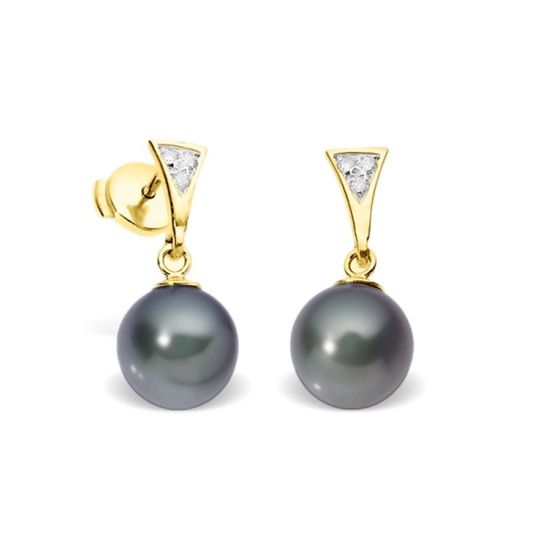 Boucles d'Oreilles Perles de Culture Noires, Diamants et Or Jaune 750/1000