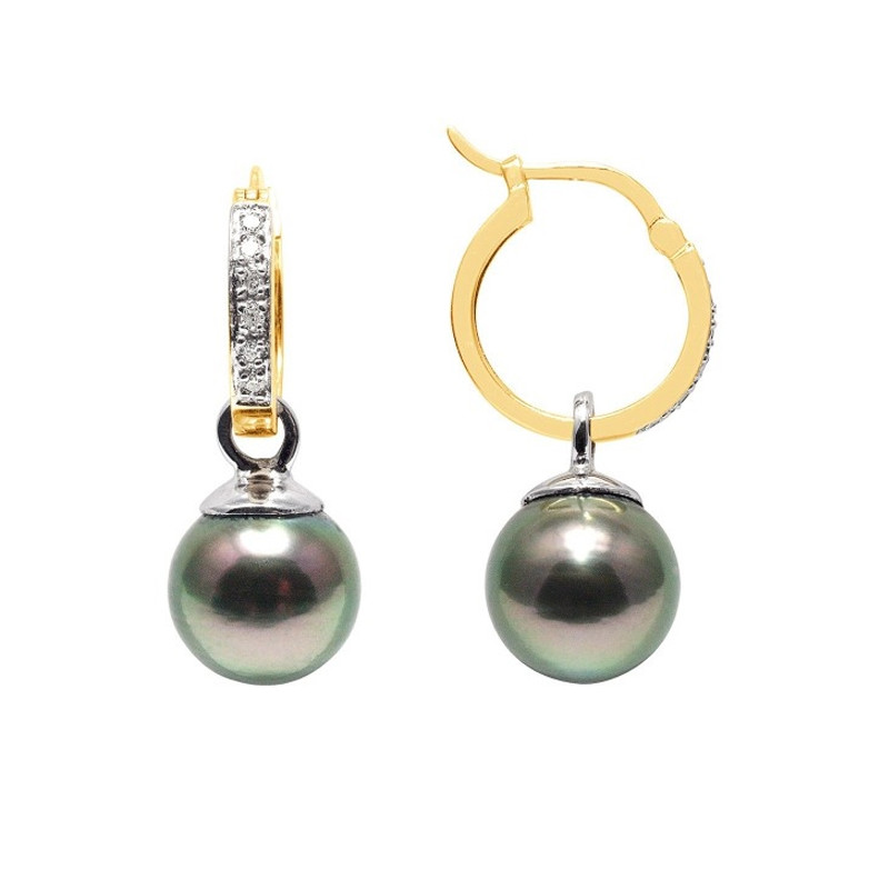 Boucles d'Oreilles Perles de Tahiti, Diamants et Or Jaune 750/1000
