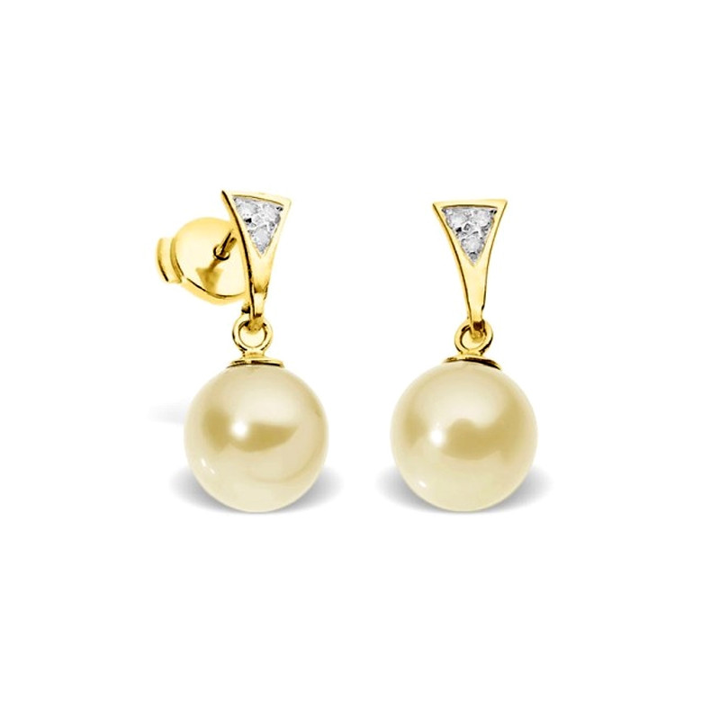 Boucles d'Oreilles Perles de Culture Dorées, Diamants et Or Jaune 750/1000