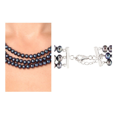 Collier Femme 3 rangs en Perles de culture d'eau douce Noires et Fermoir en Argent 925 - vue V4