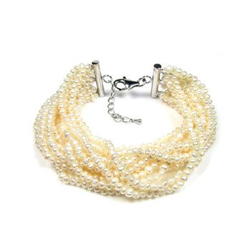 Bracelet Femme Multi Rangs en Perles de culture d'eau douce Blanches et Fermoir en Argent 925/1000