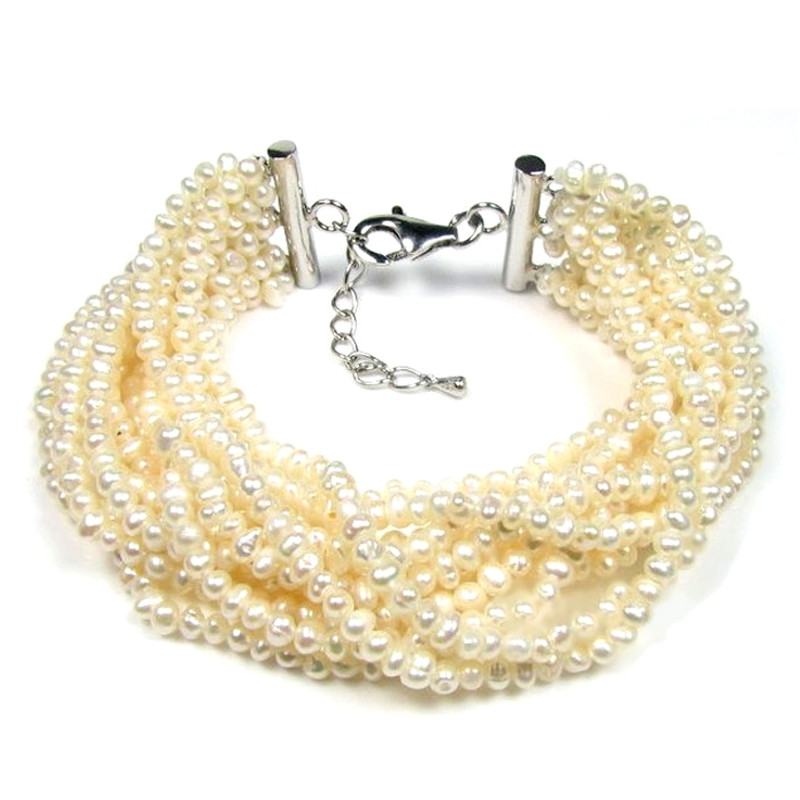 Bracelet Femme Multi Rangs en Perles de culture d'eau douce Blanches et Fermoir en Argent 925/1000