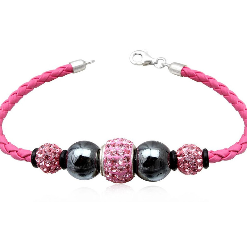 Bracelet cuir rose, Perles Hematites noires et Cristal Rose et Argent 925