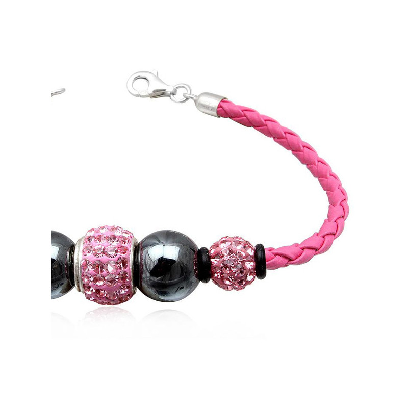Bracelet cuir rose, Perles Hematites noires et Cristal Rose et Argent 925 - vue 2