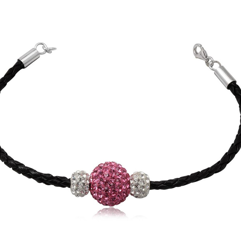Bracelet Cuir noir Perles Cristal Rose et Blanc et Argent 925