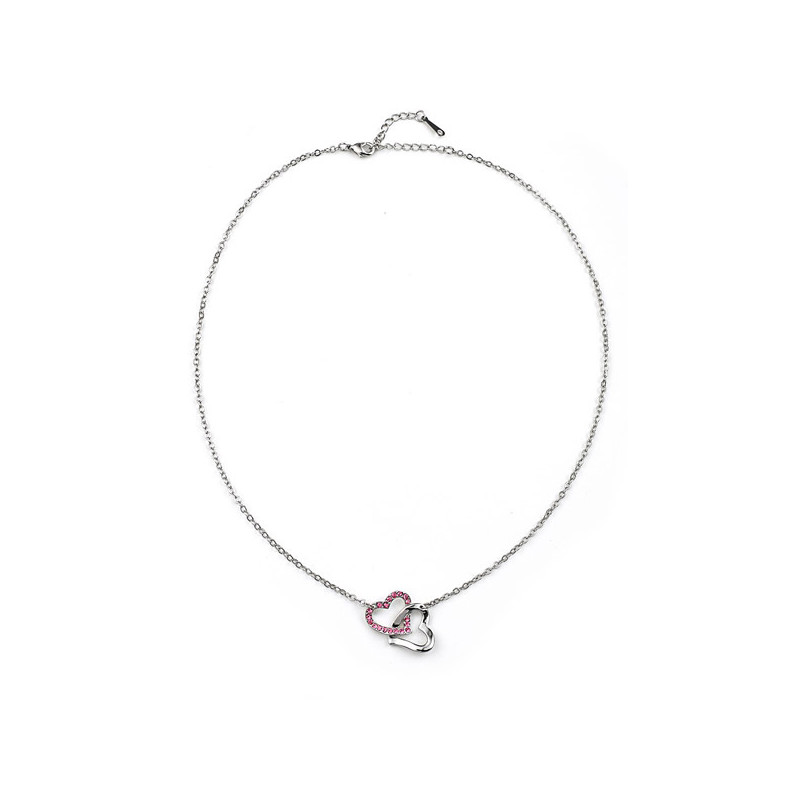 Collier double Coeurs entrelacés orné de Cristal rose de Swarovski et plaqué rhodium - vue 2