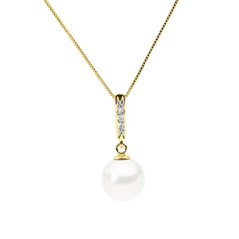 Collier Perle de Culture d'eau douce Blanche, Diamants et Or Jaune 375/1000