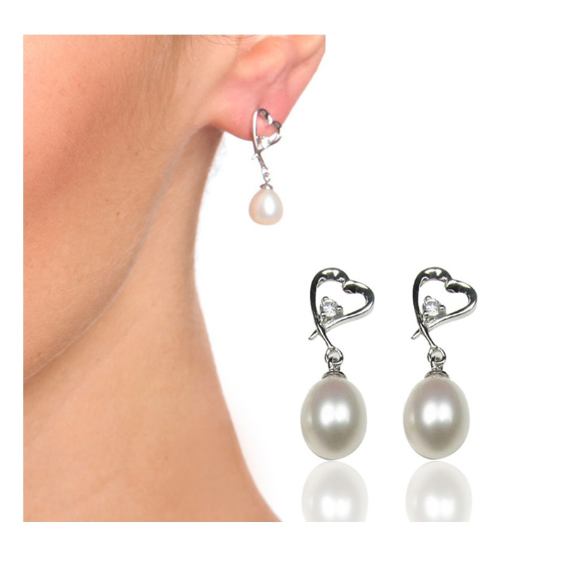Boucles d'oreilles Femme Coeur en Perles de culture d'eau douce Blanches et Argent 925/1000 - vue 2