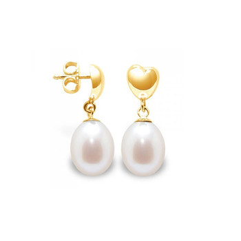 Boucles d'Oreilles Coeurs Pendantes Perles de Culture Blanches et or jaune 375/1000