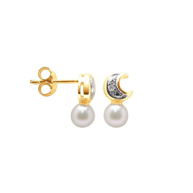 Boucles d'Oreilles Perles de Culture Blanches, Diamants et or jaune 750/1000