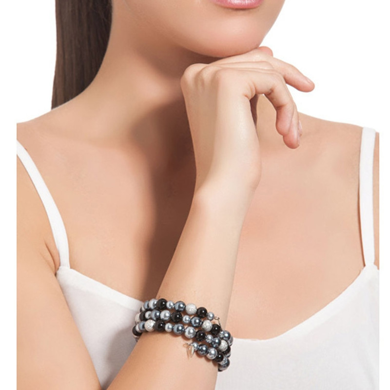 Bracelet 3 Rangs en Perles Noires et Plaqué Rhodium - vue 2