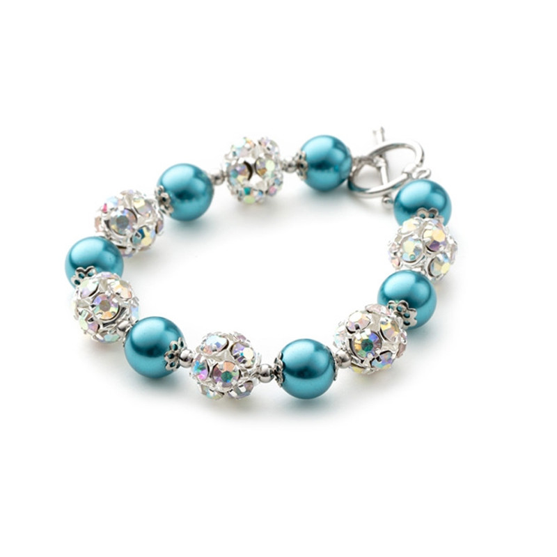 Bracelet 1 Rang en Perles Bleues, Cristal et Plaqué Rhodium