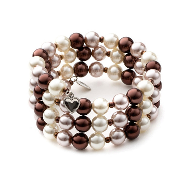 Bracelet 3 Rangs en Perles Marron et Plaqué Rhodium