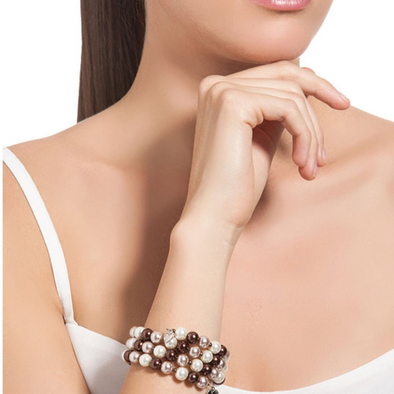 Bracelet 3 Rangs en Perles Marron et Plaqué Rhodium - vue 2